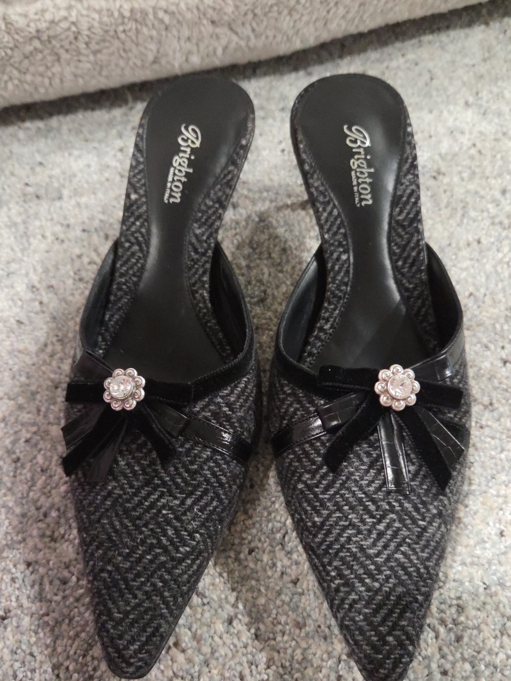Brighton Black Tweed Pointed Slip-On Mules with Floral Accent
